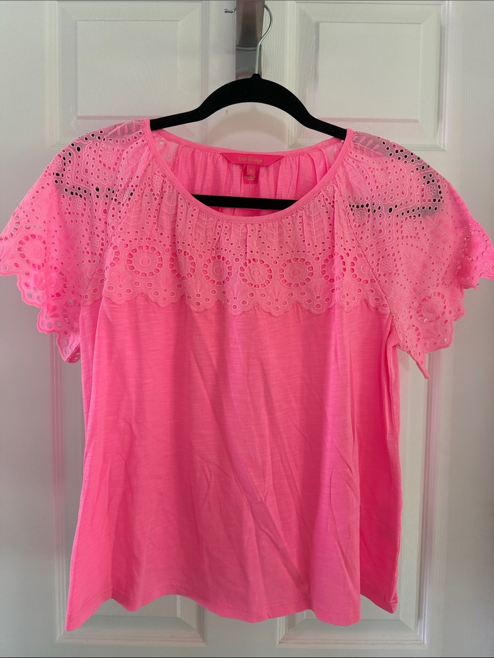 Lilly Pulitzer Bright Pink Eyelet Yoke Short Sleeve Top